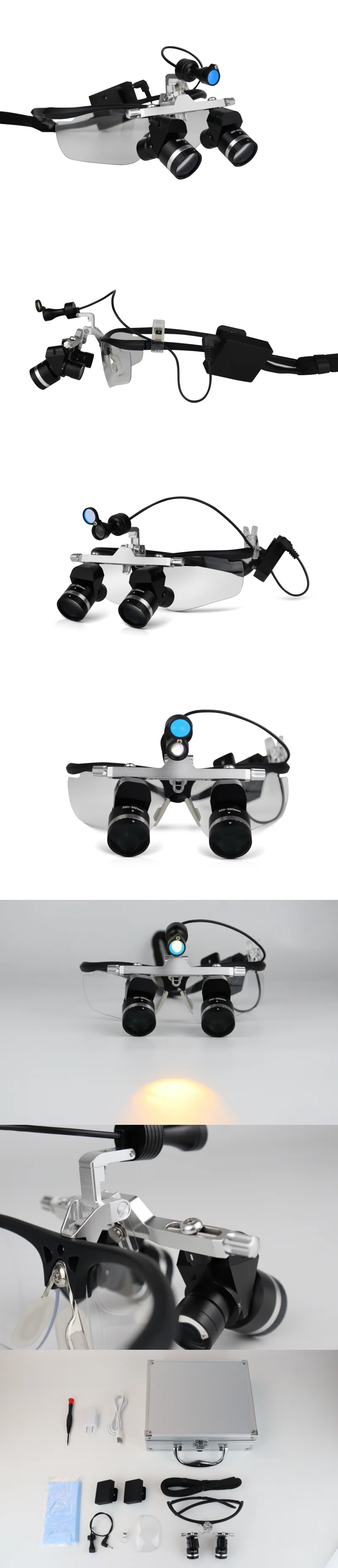 Binocular Dental Loupes 3.5X-5.5X Magnifier with 5W Headlight Rechargeable Magnifying Glasses 350-550mm Working Distance