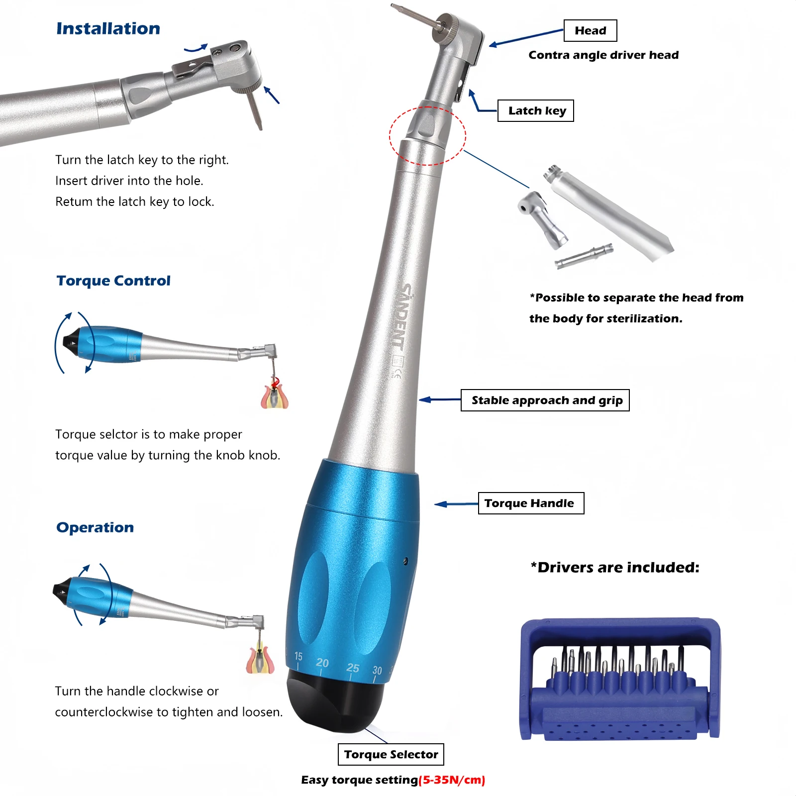 Universal Dental Torque Wrench Universal Implant Wrench Contra Angle Latch-Type Head Design 12 Drivers Precise Torque Tool