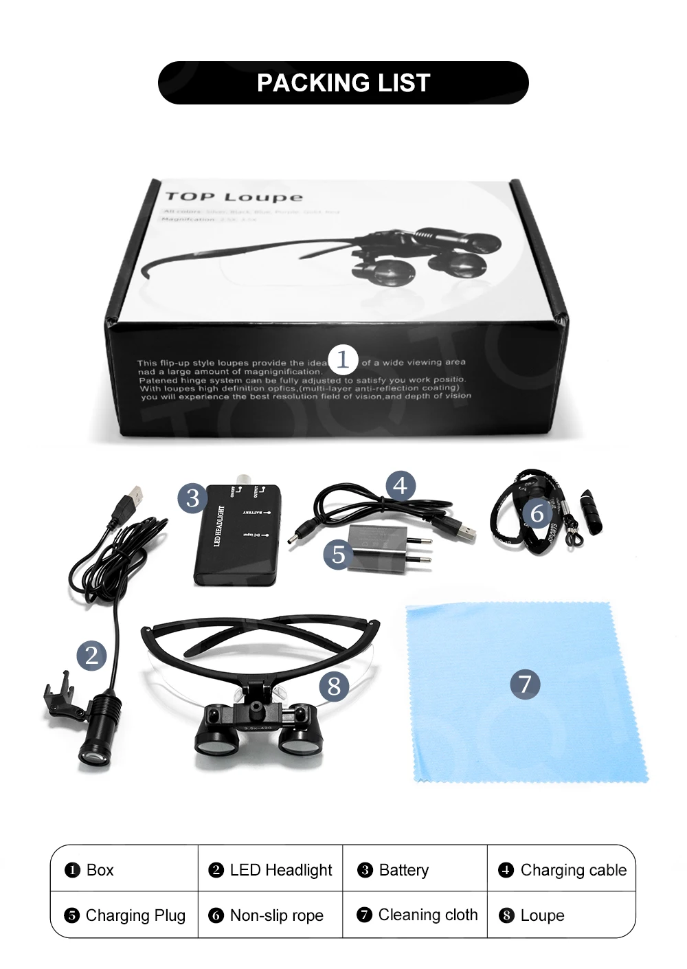 TOQ 2.5X 3.5X Binocular Dental Loupes Set with Rechargeable LED Headlight Portable Surgical Magnifying Glass Dental Lab Medical