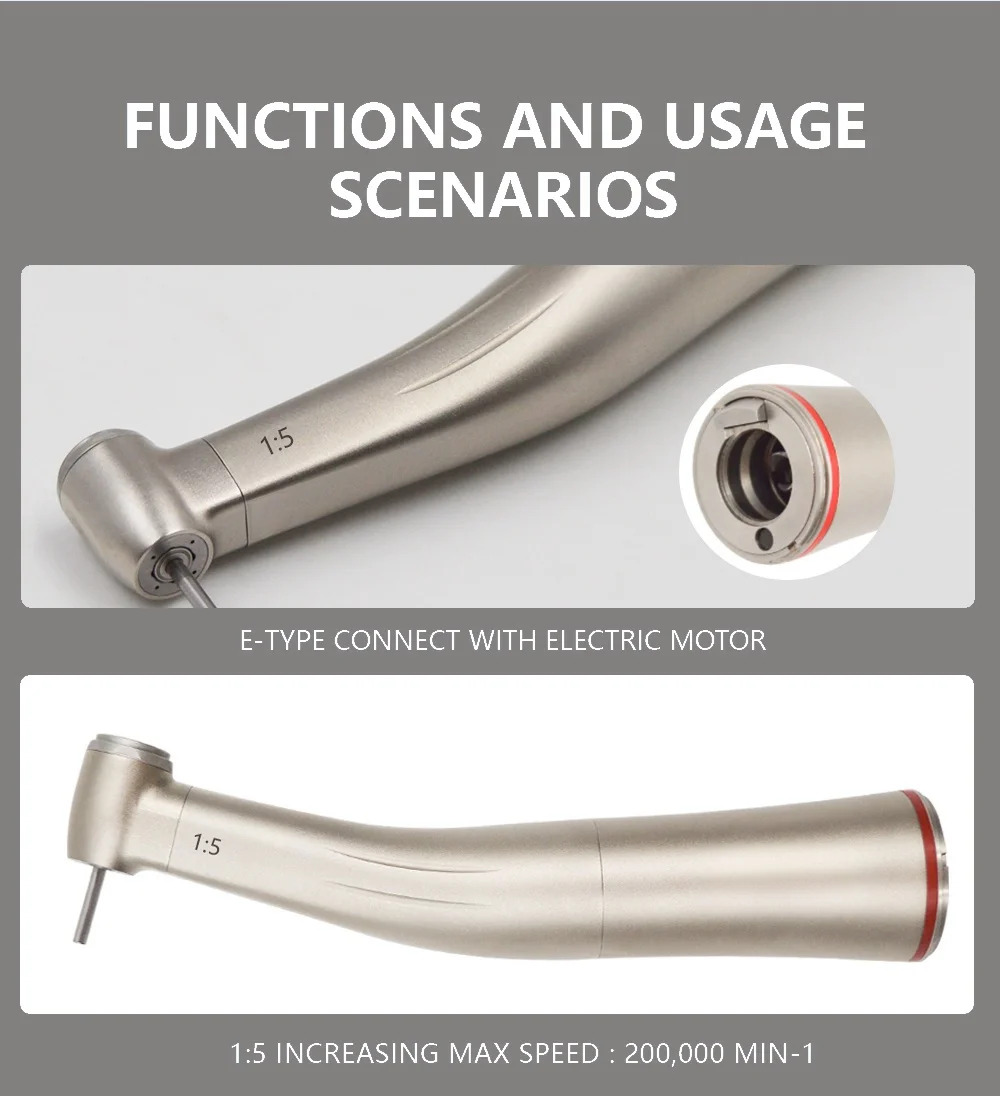 JUMTOP Dental 1:5 Contra Angle Handpiece Fiber Optic Increasing Push Button Ceramic Bearing Internal 4 Way Spray Contra Angle