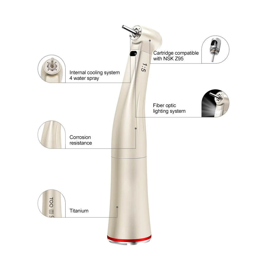JUMTOP Dental 1:5 Contra Angle Handpiece Fiber Optic Increasing Push Button Ceramic Bearing Internal 4 Way Spray Contra Angle