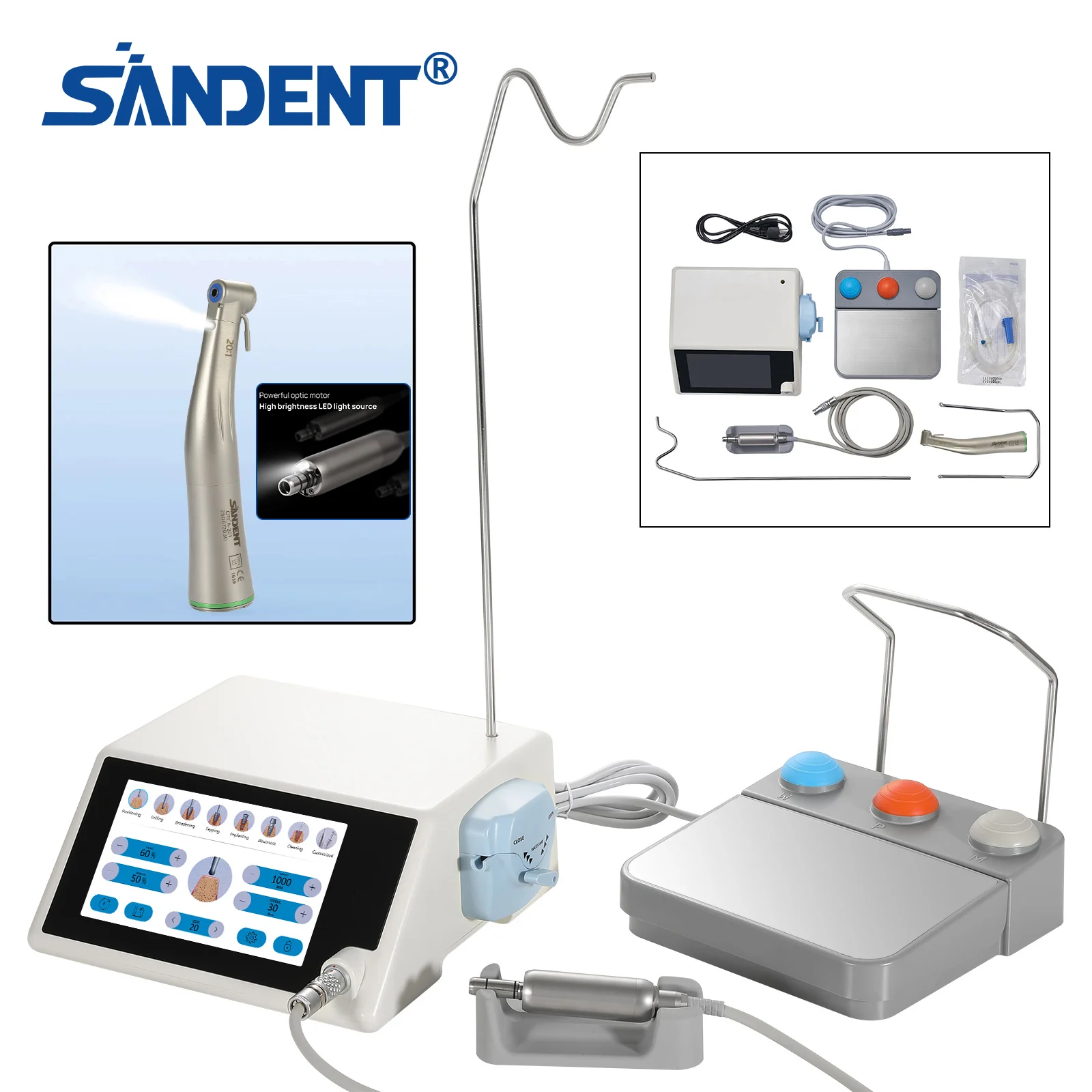 SANDENT Dental Brushless Surgical Implant Motor System Touch Screen Machine With  20:1 Contra Angle LED Fiber Optic Handpiece