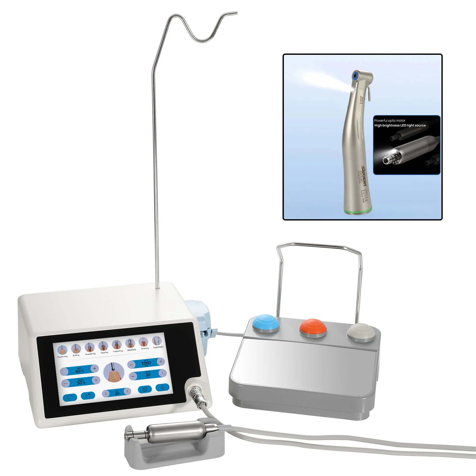 SANDENT Dental Brushless Surgical Implant Motor System Touch Screen Machine With  20:1 Contra Angle LED Fiber Optic Handpiece