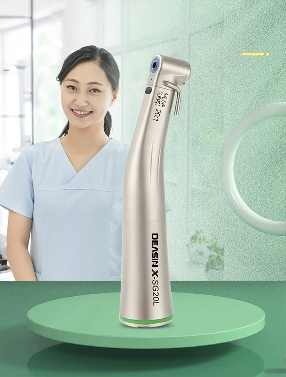 DEASIN Dental XSG20L Contra Angle Implant Low Speed Handpiece RA Burs 20:1 Fiber Optic Increasing Green Ring Air Turbine