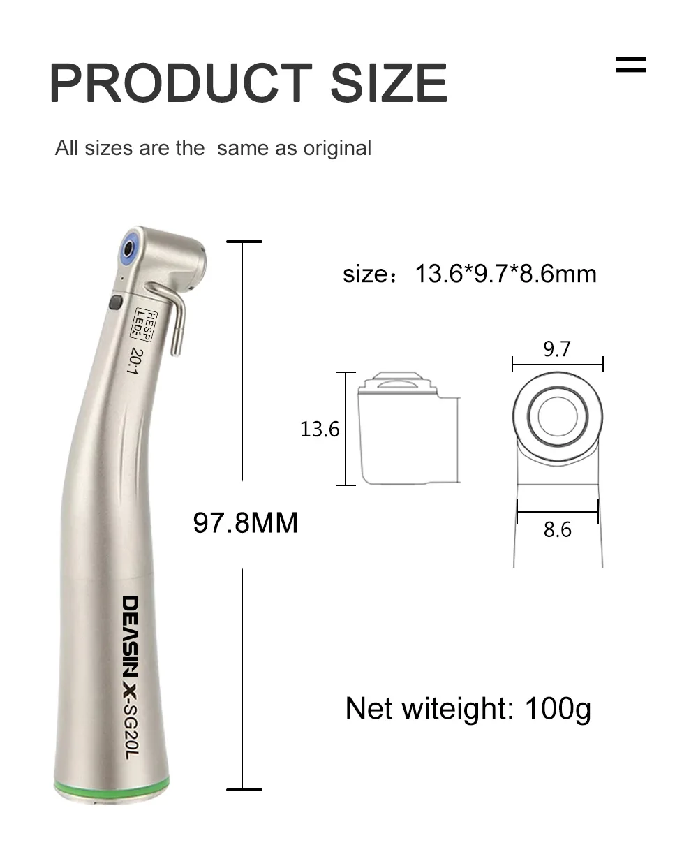 DEASIN Dental XSG20L Contra Angle Implant Low Speed Handpiece RA Burs 20:1 Fiber Optic Increasing Green Ring Air Turbine