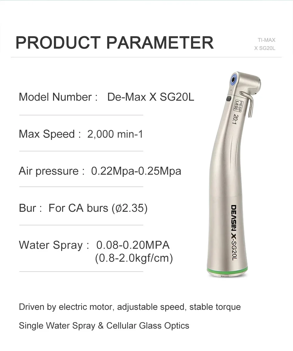 DEASIN Dental XSG20L Contra Angle Implant Low Speed Handpiece RA Burs 20:1 Fiber Optic Increasing Green Ring Air Turbine
