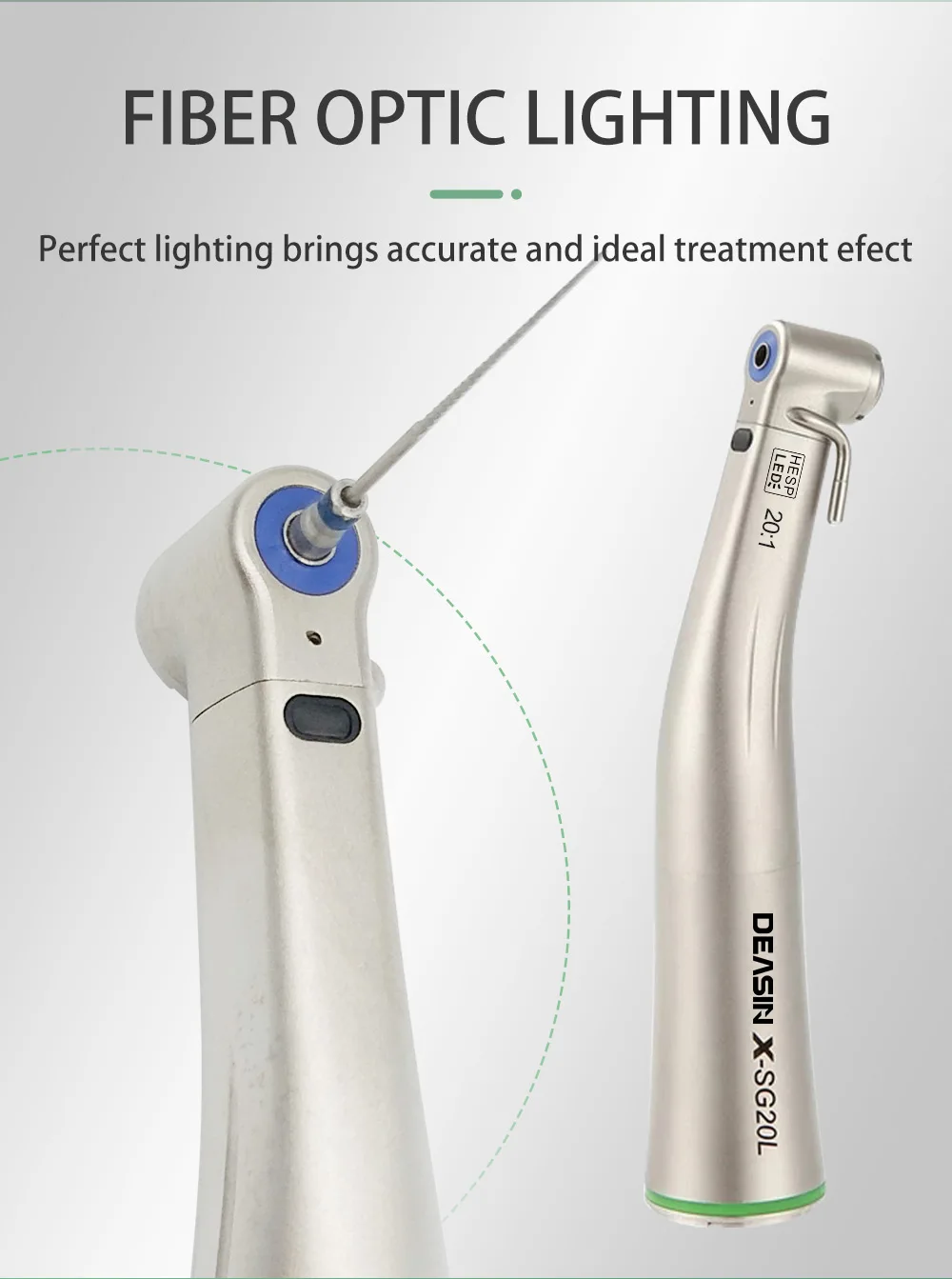 DEASIN Dental XSG20L Contra Angle Implant Low Speed Handpiece RA Burs 20:1 Fiber Optic Increasing Green Ring Air Turbine