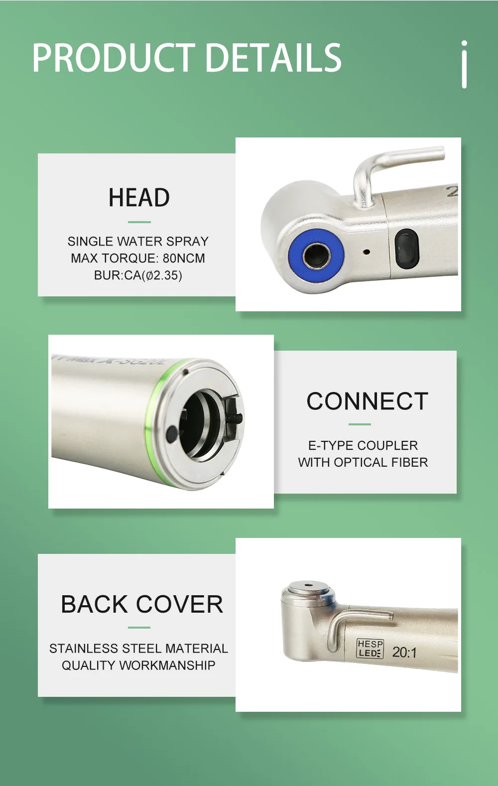 DEASIN Dental XSG20L Contra Angle Implant Low Speed Handpiece RA Burs 20:1 Fiber Optic Increasing Green Ring Air Turbine