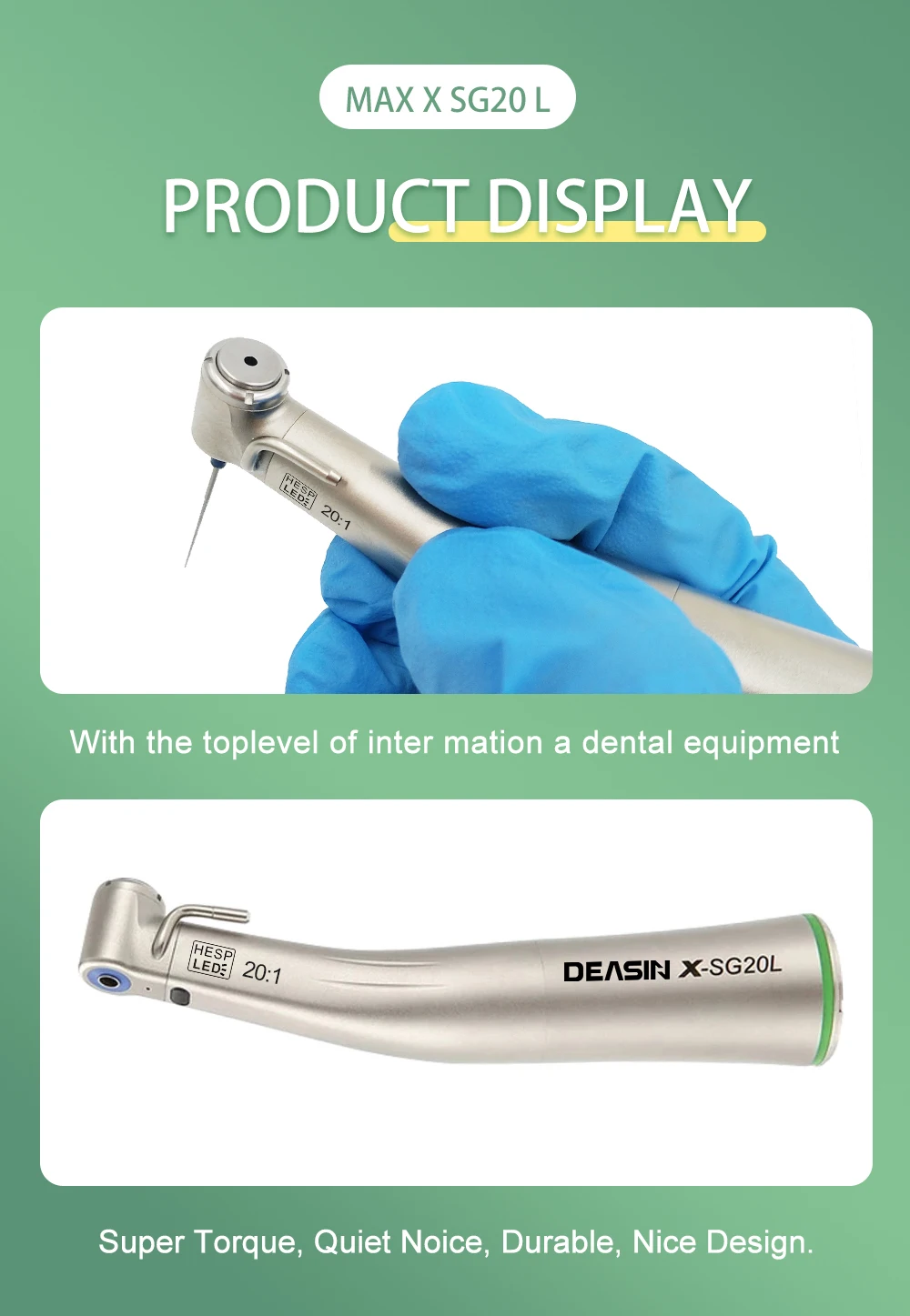 DEASIN Dental XSG20L Contra Angle Implant Low Speed Handpiece RA Burs 20:1 Fiber Optic Increasing Green Ring Air Turbine