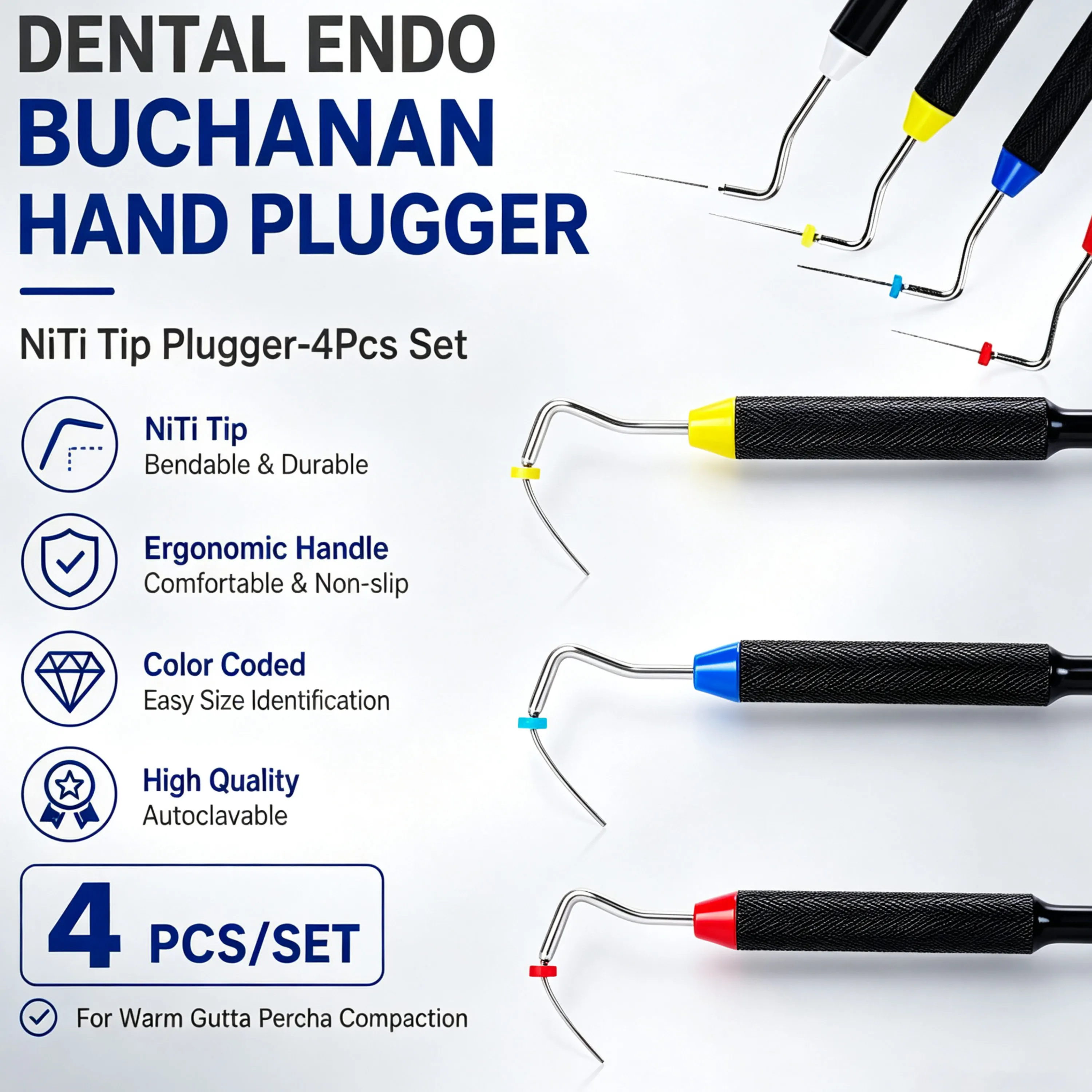 Dental Endo Buchanan Hand Plugger NiTi Tip #0 #1 #2 Endodontic Tool Gutta Percha Vertical Compaction Dentistry Instrument