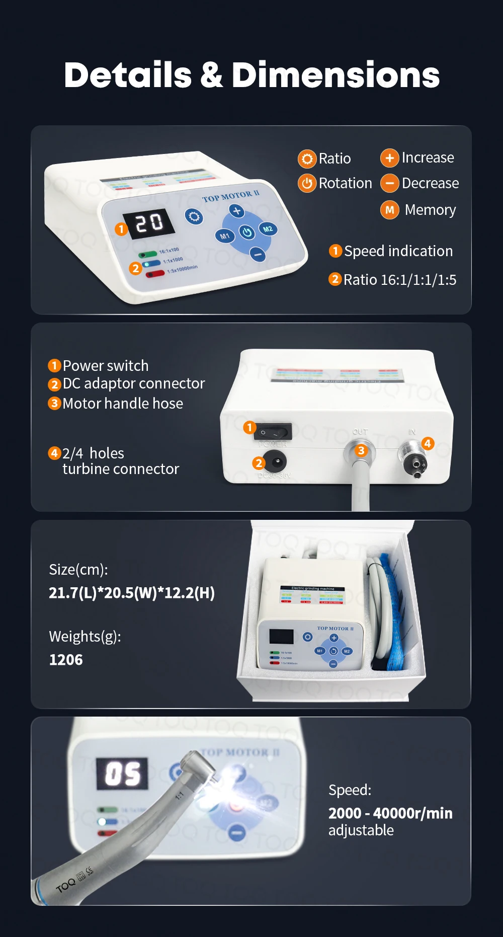 TOQ Dentist Low&High Speed Dental TOP LED Fiber Optic Brushless Electric Micromotor Handpiece Set Fit To E Type 1:5/4:1/1:1