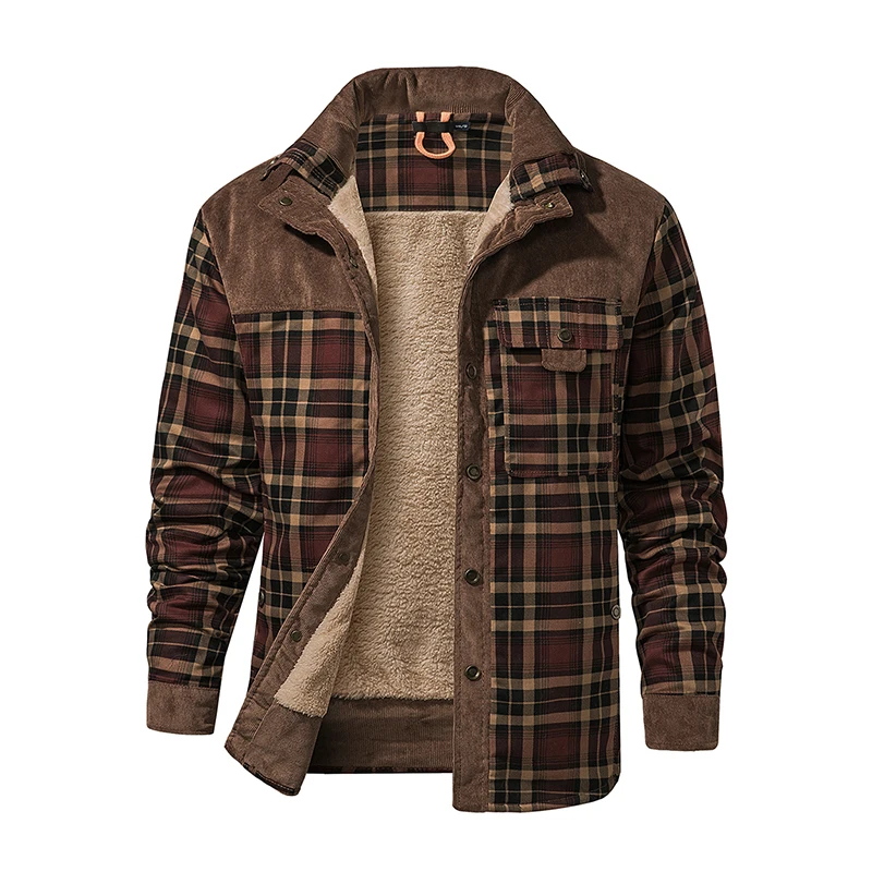 Winter Jacket Men Fleece Thick Warm Cotton Plaid Jacket Autumn Men Casual Multi-Pockets Coat High Quality Warm Lining Jacket Man