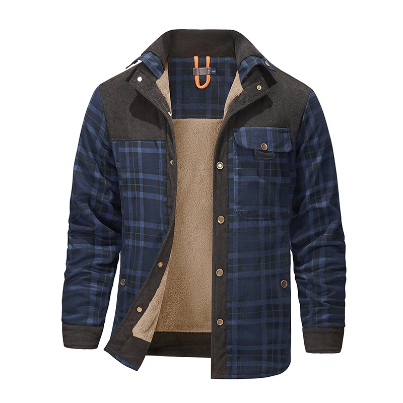 Winter Jacket Men Fleece Thick Warm Cotton Plaid Jacket Autumn Men Casual Multi-Pockets Coat High Quality Warm Lining Jacket Man