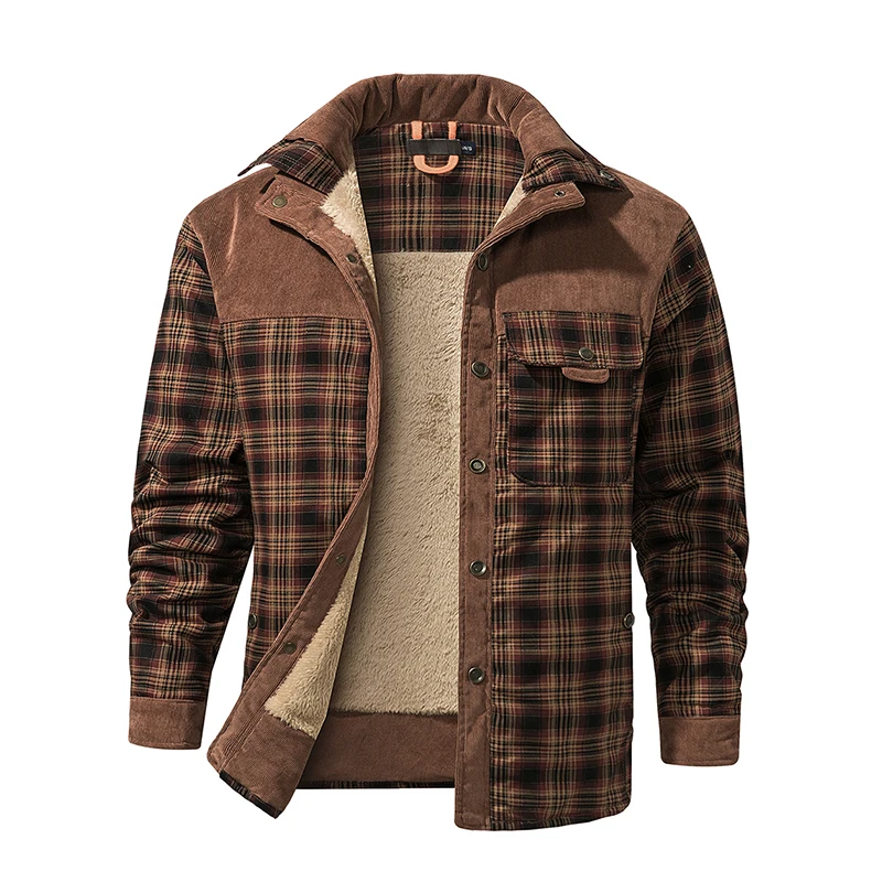 Winter Jacket Men Fleece Thick Warm Cotton Plaid Jacket Autumn Men Casual Multi-Pockets Coat High Quality Warm Lining Jacket Man