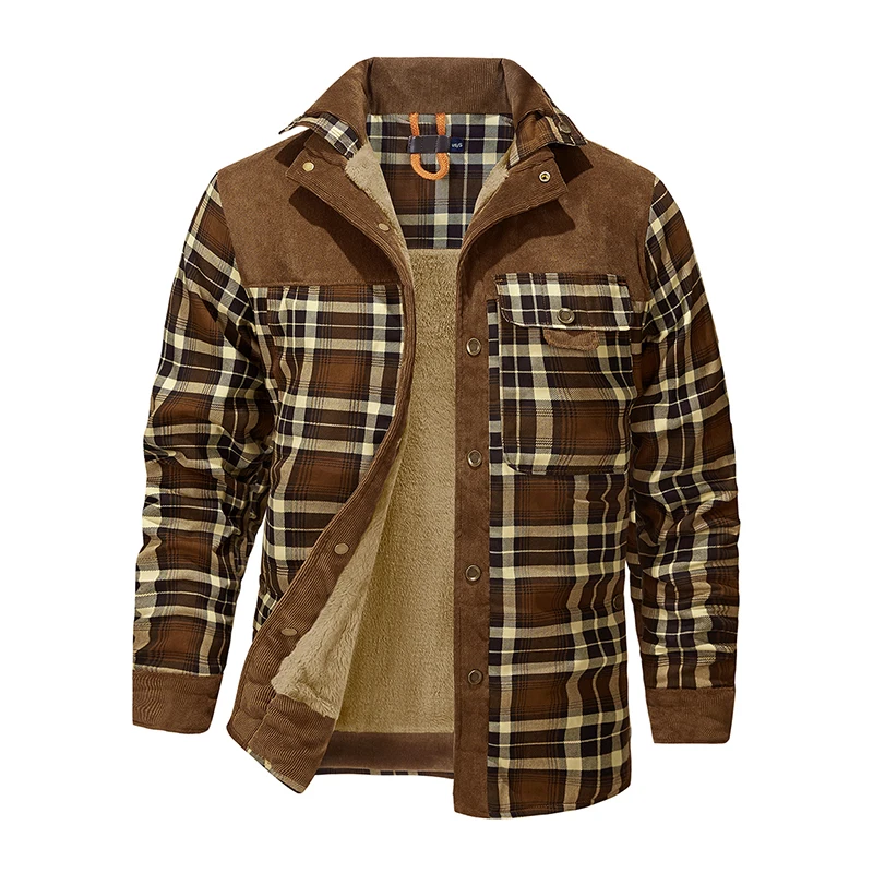 Winter Jacket Men Fleece Thick Warm Cotton Plaid Jacket Autumn Men Casual Multi-Pockets Coat High Quality Warm Lining Jacket Man