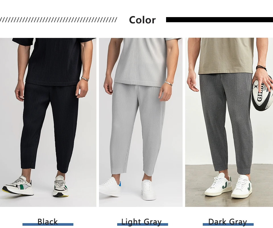 Miyake Pleated Straight Pants Men Clothing Black Pencil Cropped Pants Street Wears Men Japanese Style Ankle Length Pants