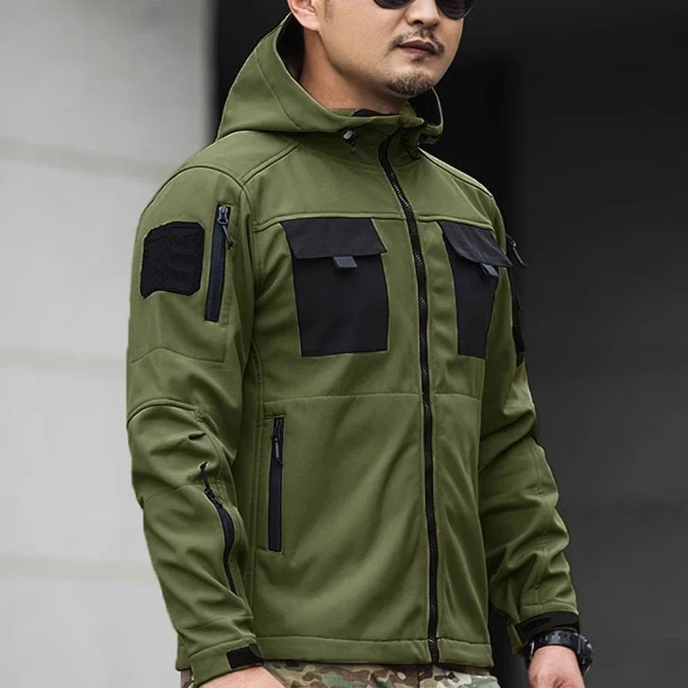 Winter Fleece Jacket Men Riding Outdoor Motorcycle Coats Tactical Multi-pocket Soft Shell Waterproof Windproof Warm Shark Skin