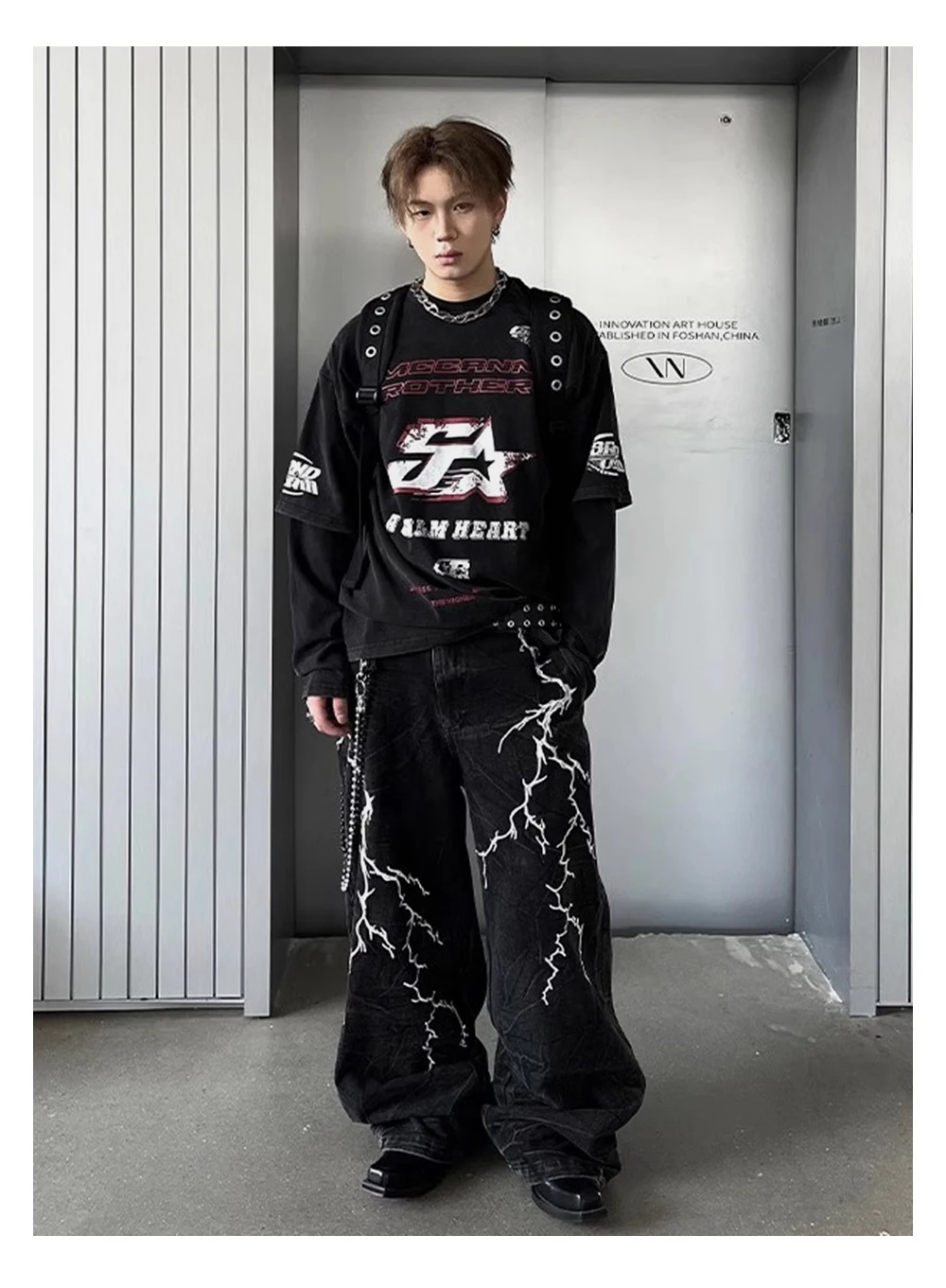 Letter Print Double-sided Printed T-shirt Mens High Street Washed Loose Cotton Tee Men Long Sleeve Crew Neck Tee Men