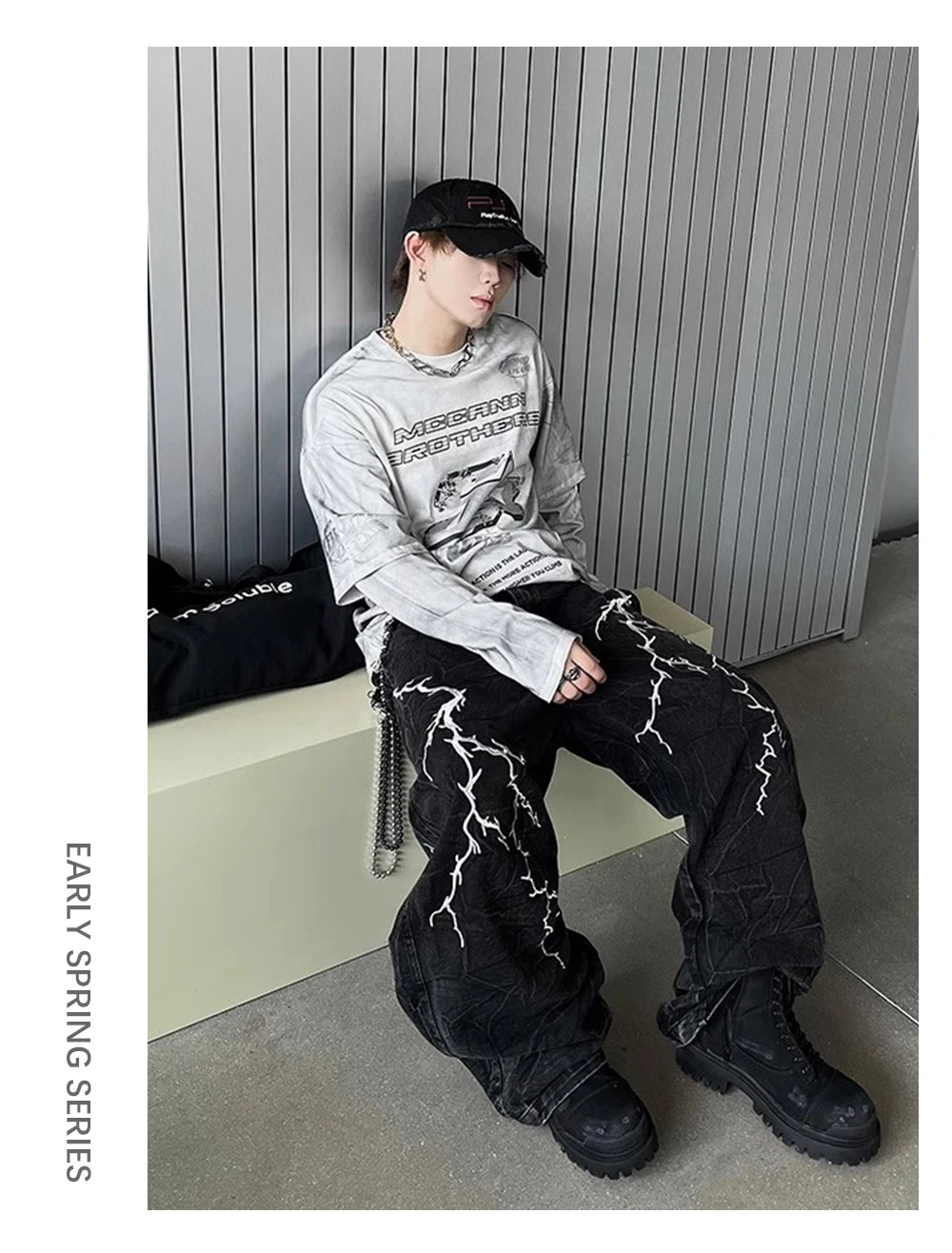 Letter Print Double-sided Printed T-shirt Mens High Street Washed Loose Cotton Tee Men Long Sleeve Crew Neck Tee Men