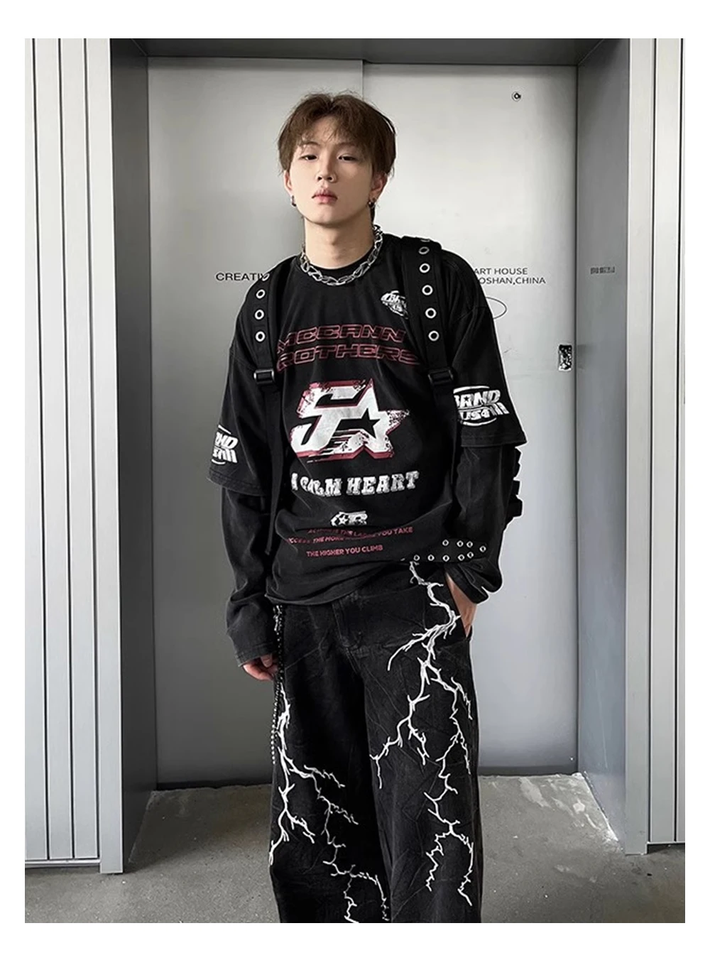 Letter Print Double-sided Printed T-shirt Mens High Street Washed Loose Cotton Tee Men Long Sleeve Crew Neck Tee Men