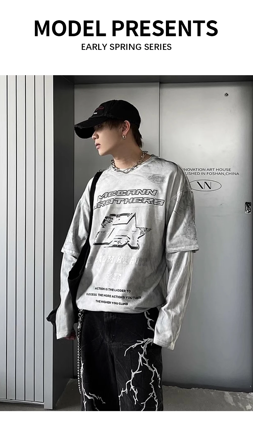Letter Print Double-sided Printed T-shirt Mens High Street Washed Loose Cotton Tee Men Long Sleeve Crew Neck Tee Men
