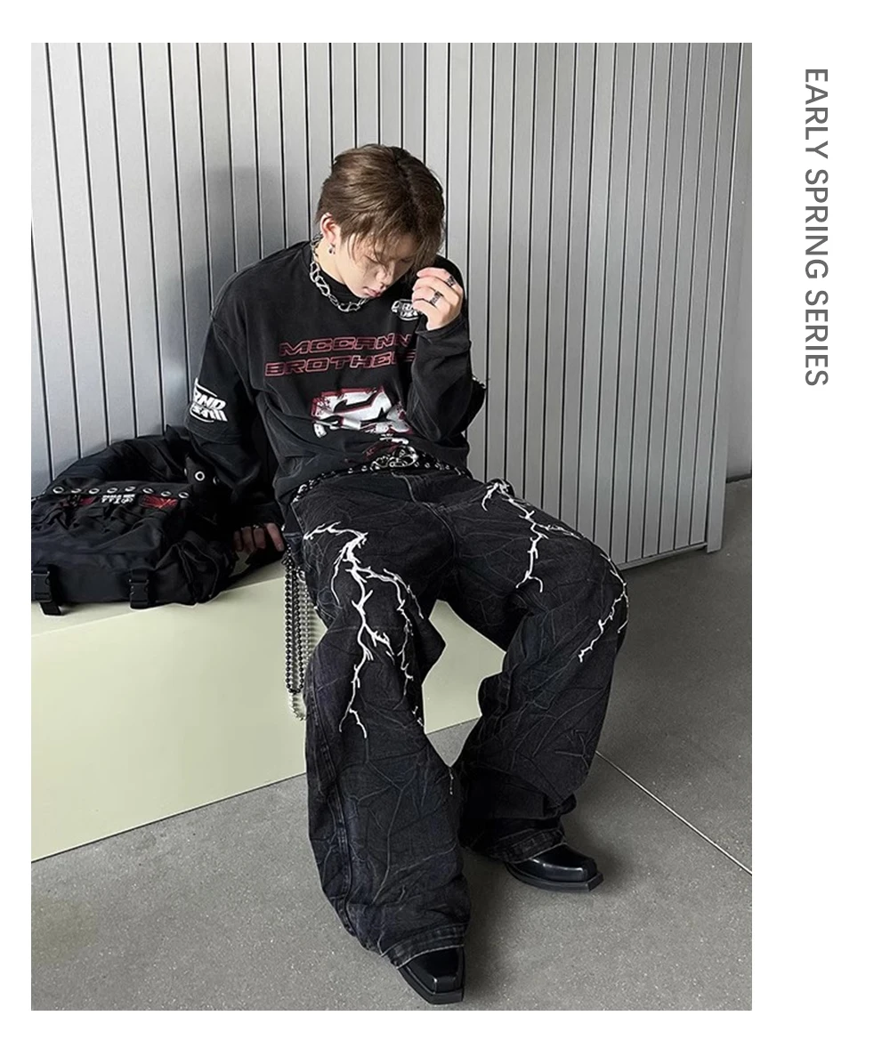 Letter Print Double-sided Printed T-shirt Mens High Street Washed Loose Cotton Tee Men Long Sleeve Crew Neck Tee Men