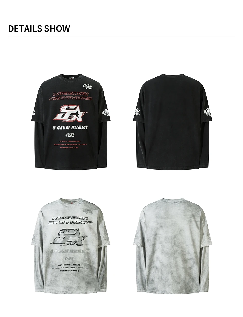 Letter Print Double-sided Printed T-shirt Mens High Street Washed Loose Cotton Tee Men Long Sleeve Crew Neck Tee Men