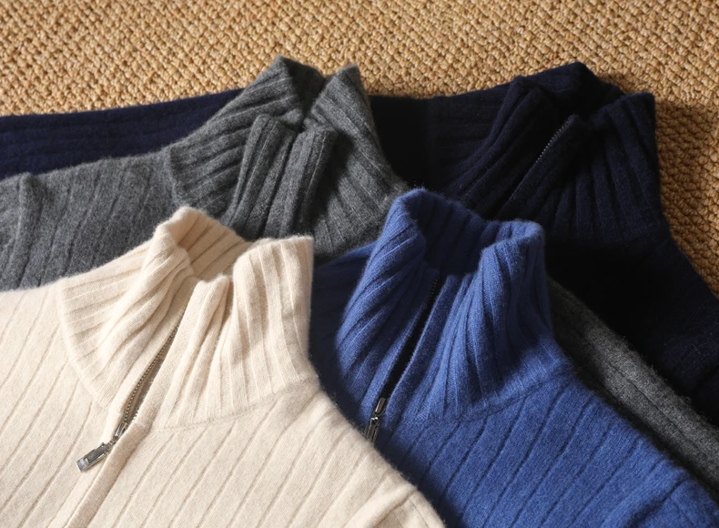 Men 100% Merino Wool Stand-Up Collar Cardigan Casual Knit Business Zipper Coat Autumn Winter Versatile Warm Men Cashmere Jacket