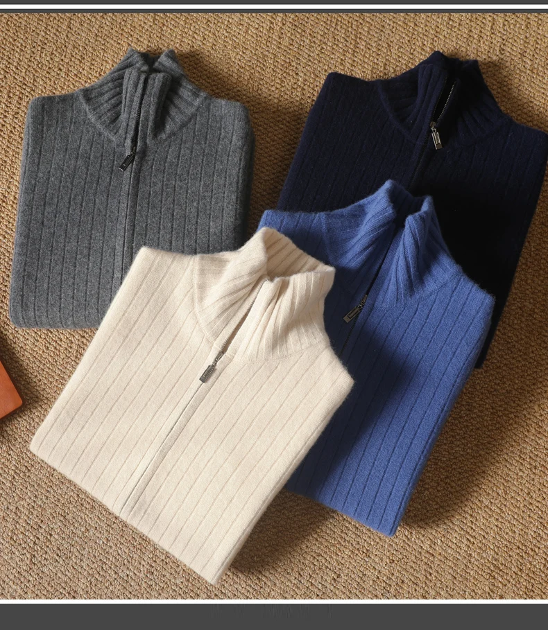 Men 100% Merino Wool Stand-Up Collar Cardigan Casual Knit Business Zipper Coat Autumn Winter Versatile Warm Men Cashmere Jacket