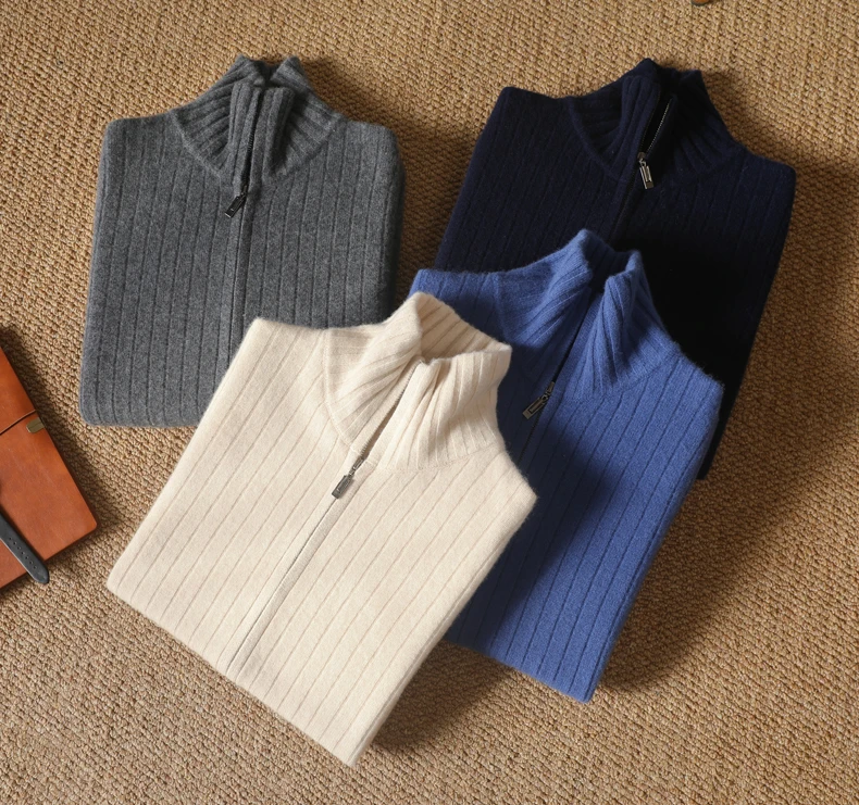 Men 100% Merino Wool Stand-Up Collar Cardigan Casual Knit Business Zipper Coat Autumn Winter Versatile Warm Men Cashmere Jacket
