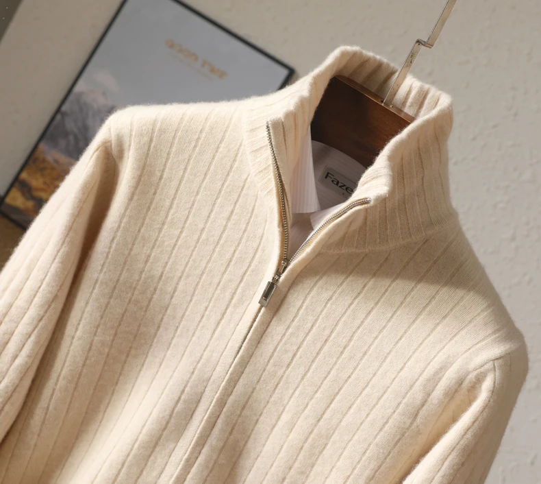 Men 100% Merino Wool Stand-Up Collar Cardigan Casual Knit Business Zipper Coat Autumn Winter Versatile Warm Men Cashmere Jacket