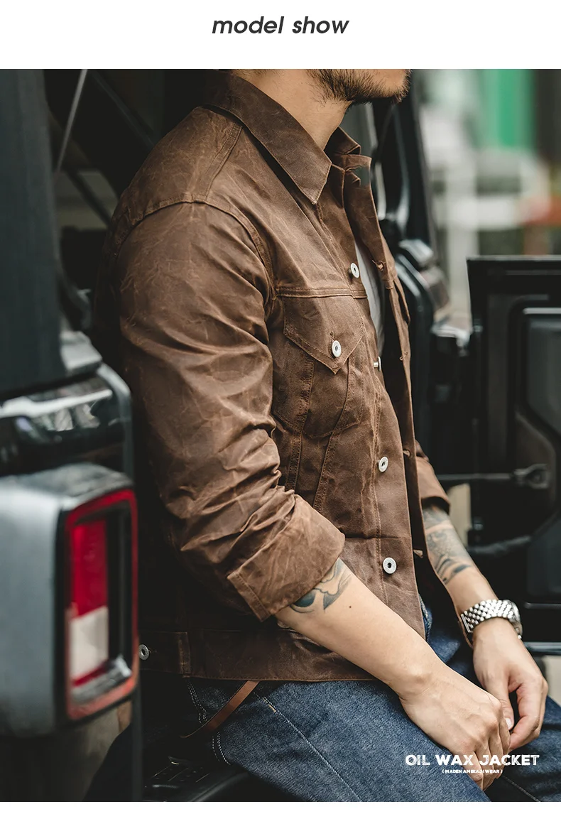 Maden Retro Heavyweight Canvas Oil Waxed Jacket Cotton Waterproof Hunting Coat Male Spring Khaki Casual Work Safari Style Jacket