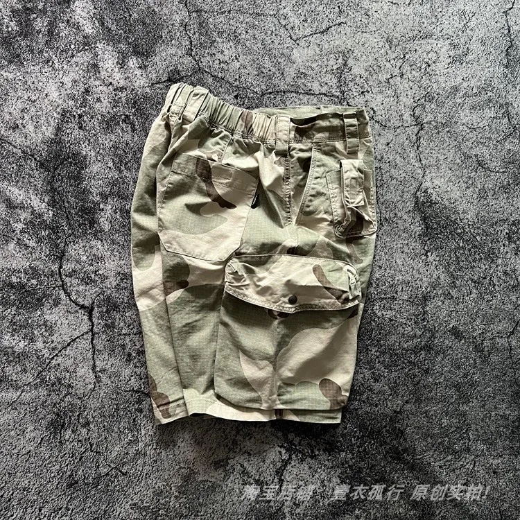 American Retro Amekaji 3D Patch Pocket Washed Workwear Loose Straight Camo Summer Cargo Shorts for Men High Quality 100% Cotton