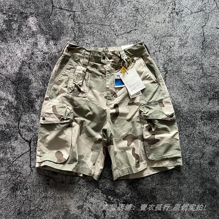 American Retro Amekaji 3D Patch Pocket Washed Workwear Loose Straight Camo Summer Cargo Shorts for Men High Quality 100% Cotton