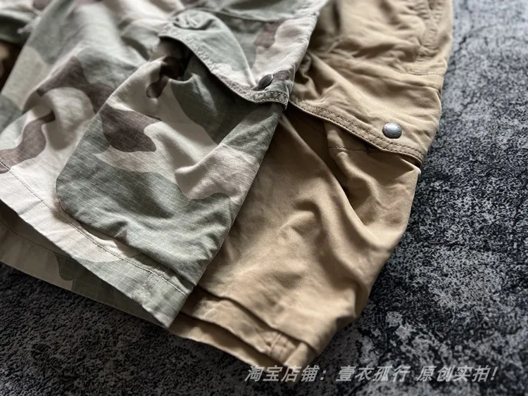 American Retro Amekaji 3D Patch Pocket Washed Workwear Loose Straight Camo Summer Cargo Shorts for Men High Quality 100% Cotton