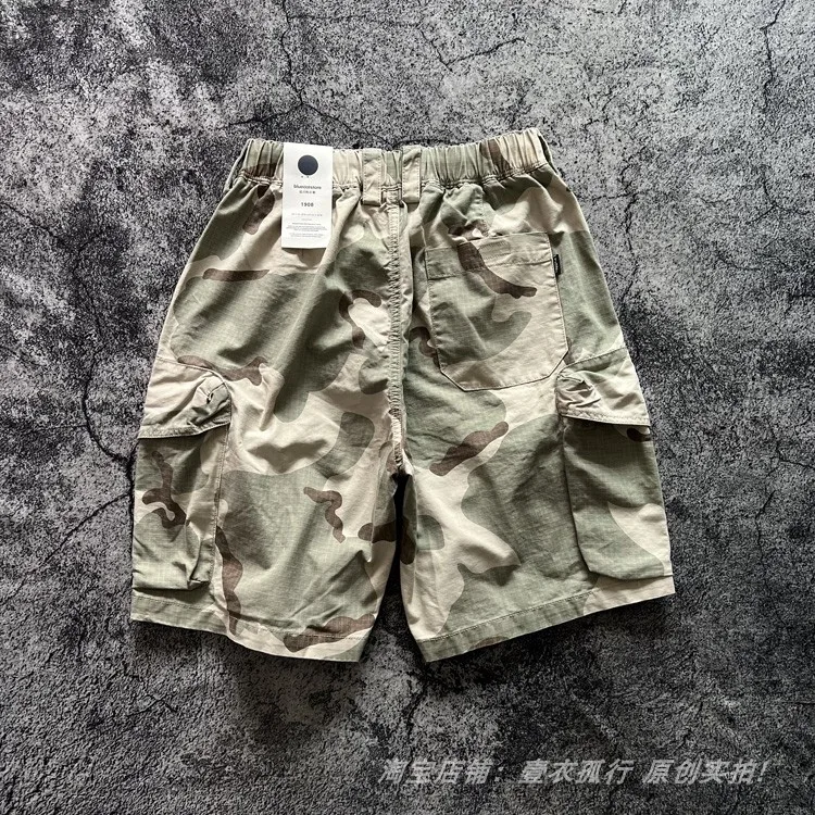American Retro Amekaji 3D Patch Pocket Washed Workwear Loose Straight Camo Summer Cargo Shorts for Men High Quality 100% Cotton