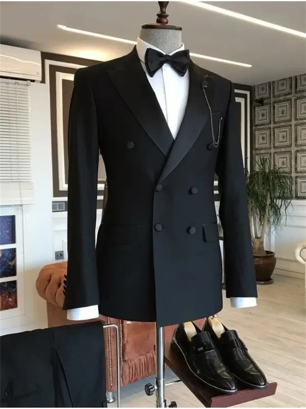 2 Pieces Black Suits for Men Peaked Lapel Double Breasted Bespoke Blazer Wedding Groom Tuxedos Prom Costume Homme Jacket+Pants