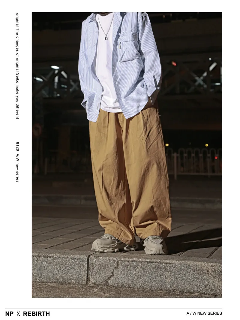 Men's Ultra Loose Wide Leg Pants Amikaji Balloon Cargo Pants Sold Color Cityboy Work Pants Autumn Casual Curved Knife Pants