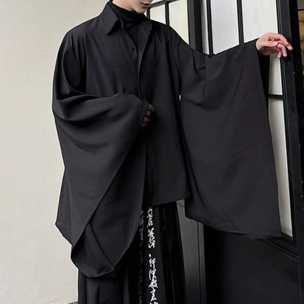 Mens Japanese Dark Style Irregular Casual Shirt Autumn Genderless Retro Solid Color Loose Bat Sleeve Long Sleeve Shirt Unisex