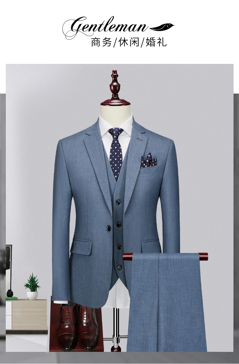Jacket+Vest+Pants / 2023 High Quality Men Slim Suit Formal Business Groom Wedding Social Dress Blue Grey High-end Casual Tuxedo