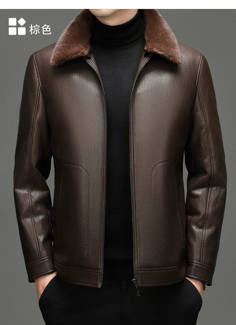 YN-2588 Men's Genuine Leather Down Jacket, Mink Fur Collar, Thick White Duck Down Jacket, Winter Super Thick Warm And Casual