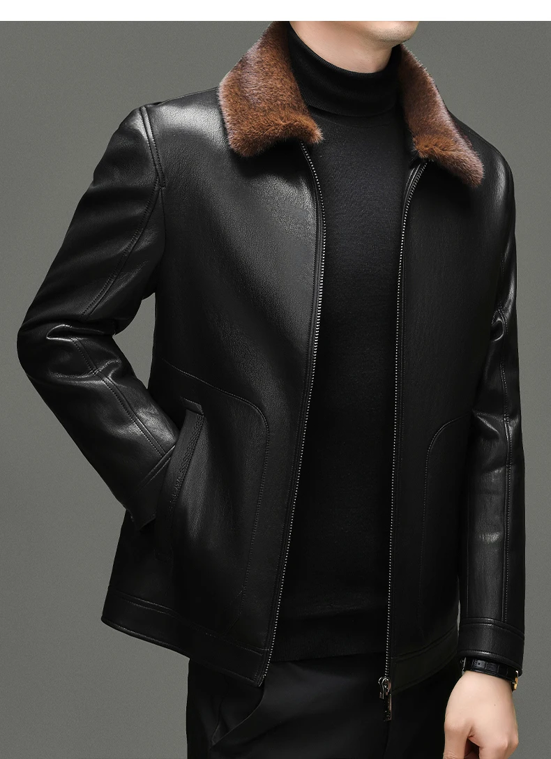 YN-2588 Men's Genuine Leather Down Jacket, Mink Fur Collar, Thick White Duck Down Jacket, Winter Super Thick Warm And Casual
