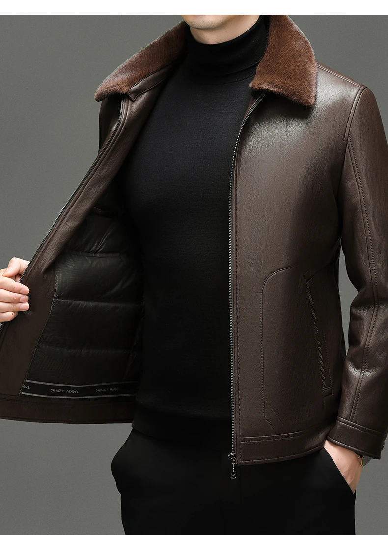 YN-2588 Men's Genuine Leather Down Jacket, Mink Fur Collar, Thick White Duck Down Jacket, Winter Super Thick Warm And Casual