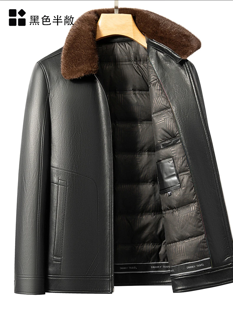 YN-2588 Men's Genuine Leather Down Jacket, Mink Fur Collar, Thick White Duck Down Jacket, Winter Super Thick Warm And Casual