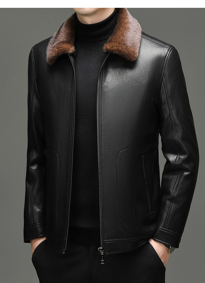 YN-2588 Men's Genuine Leather Down Jacket, Mink Fur Collar, Thick White Duck Down Jacket, Winter Super Thick Warm And Casual