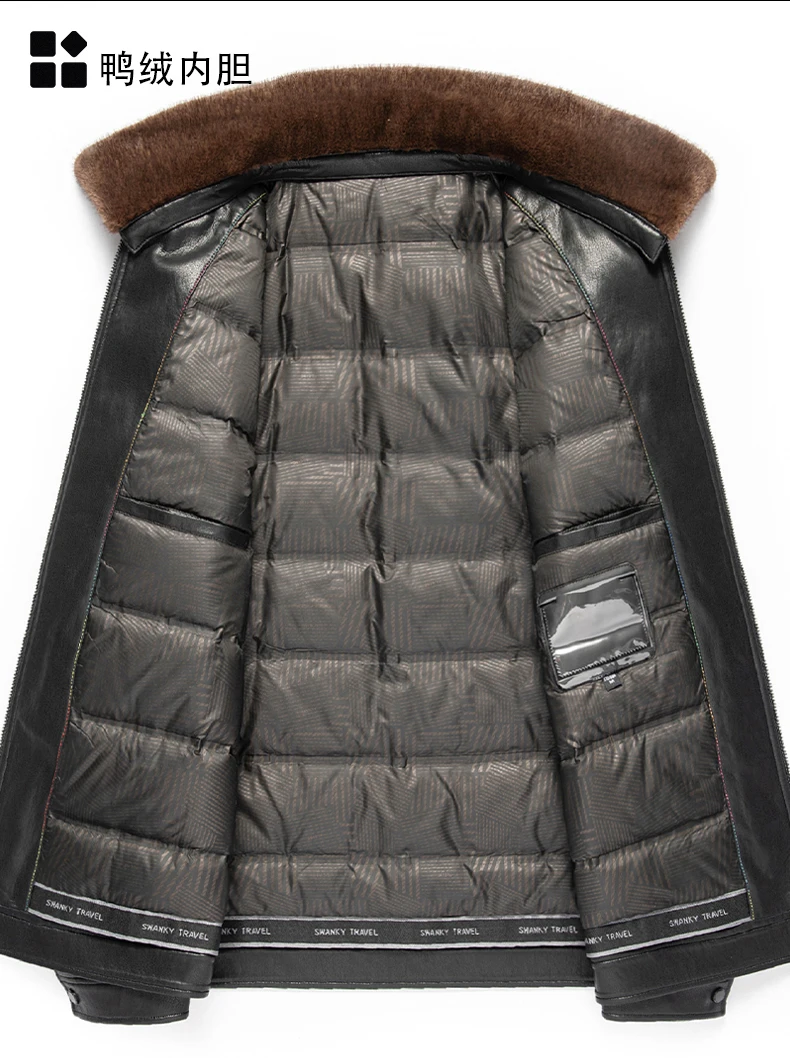 YN-2588 Men's Genuine Leather Down Jacket, Mink Fur Collar, Thick White Duck Down Jacket, Winter Super Thick Warm And Casual