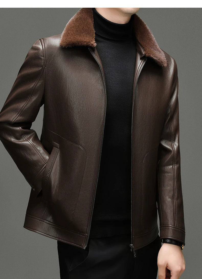 YN-2588 Men's Genuine Leather Down Jacket, Mink Fur Collar, Thick White Duck Down Jacket, Winter Super Thick Warm And Casual