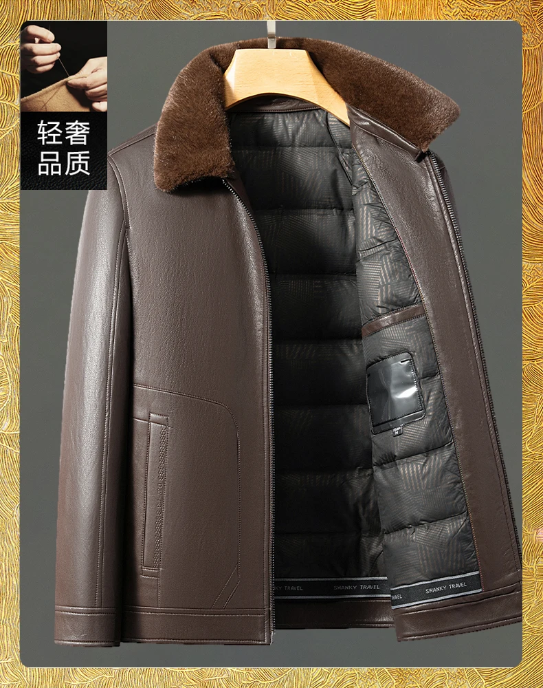 YN-2588 Men's Genuine Leather Down Jacket, Mink Fur Collar, Thick White Duck Down Jacket, Winter Super Thick Warm And Casual