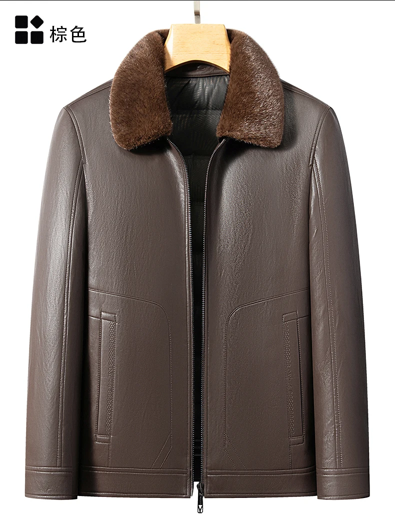YN-2588 Men's Genuine Leather Down Jacket, Mink Fur Collar, Thick White Duck Down Jacket, Winter Super Thick Warm And Casual