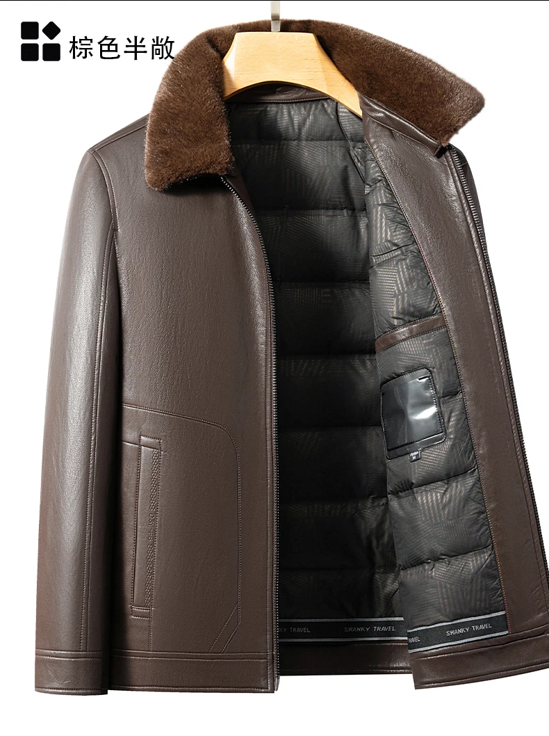 YN-2588 Men's Genuine Leather Down Jacket, Mink Fur Collar, Thick White Duck Down Jacket, Winter Super Thick Warm And Casual